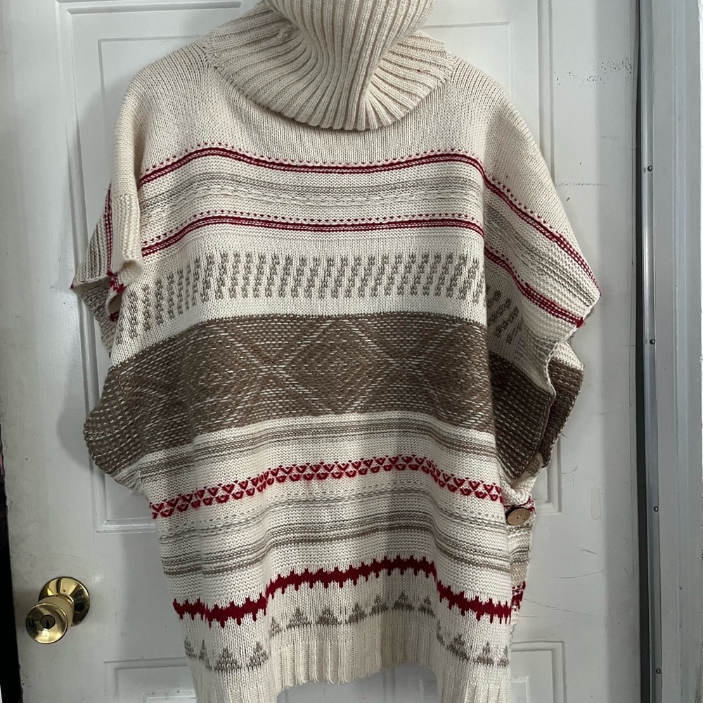 Coco + Carmen Cream Turtleneck Poncho Sweater with Brown and Red Accents